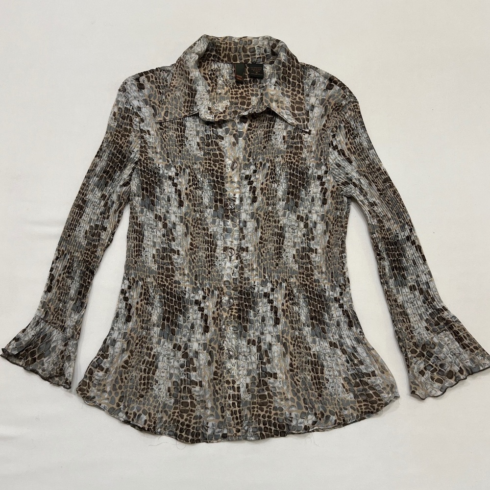 Vintage 90s Designer Crinkle Pleated Top Snake Print Flare Sleeve Blouse Sz Med